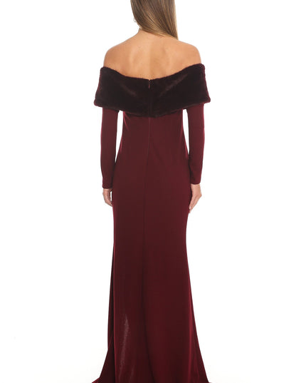 Wine Off-Shoulder Fur Trim Maxi Dress