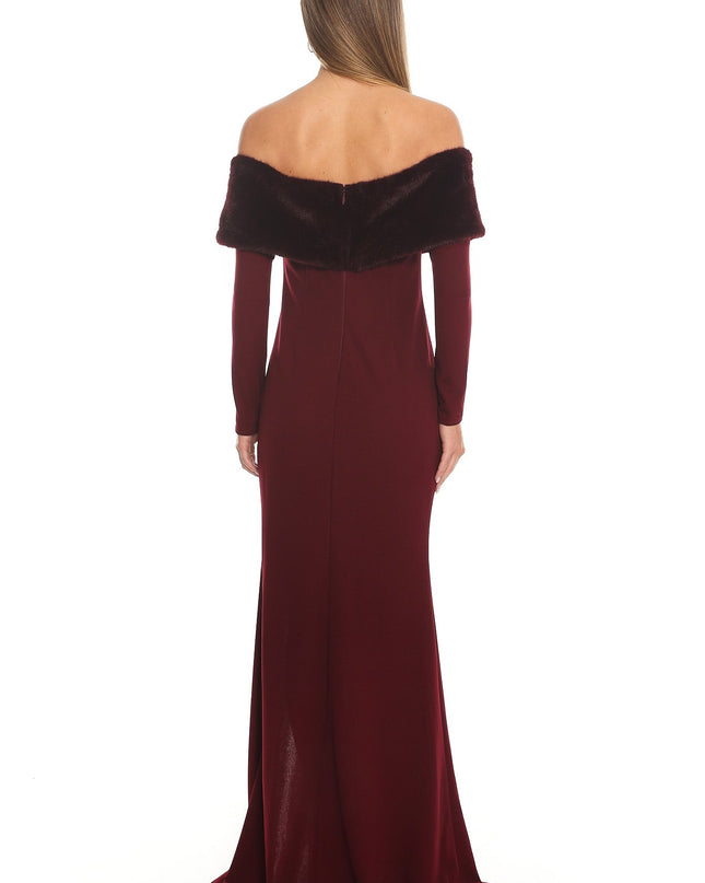 Wine Off-Shoulder Fur Trim Maxi Dress