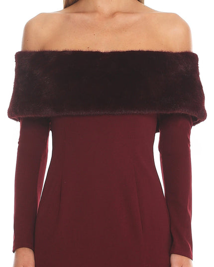Wine Off-Shoulder Fur Trim Maxi Dress