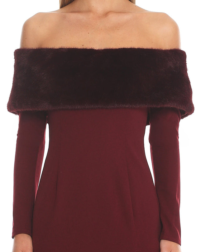 Wine Off-Shoulder Fur Trim Maxi Dress