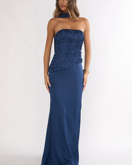 Navy Strapless Scarf Maxi Dress