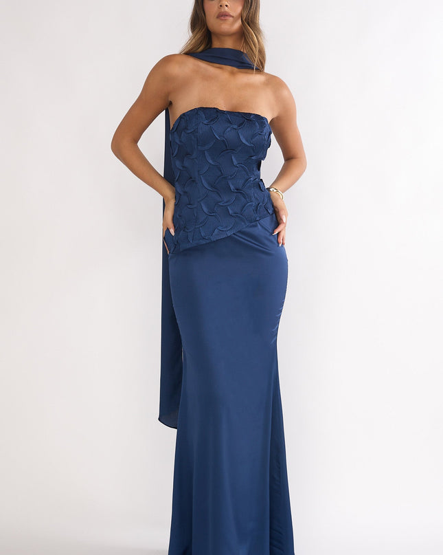 Navy Strapless Scarf Maxi Dress