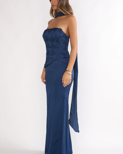 Navy Strapless Scarf Maxi Dress
