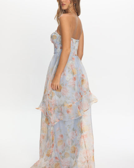 Light Blue Asymmetric Layer Maxi Dress Floral
