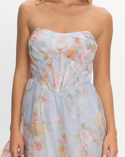 Light Blue Asymmetric Layer Maxi Dress Floral