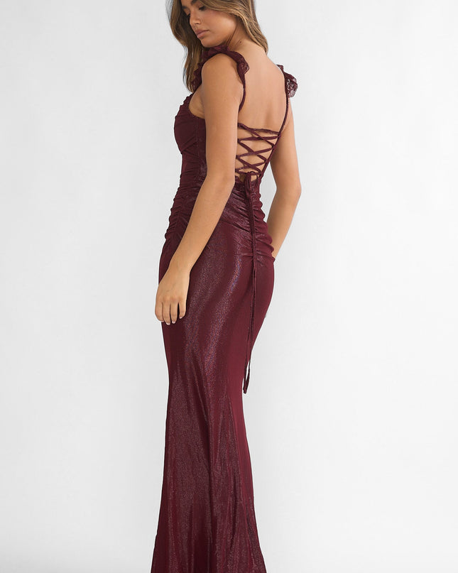 Wine Lace-Up Back Maxi Dress