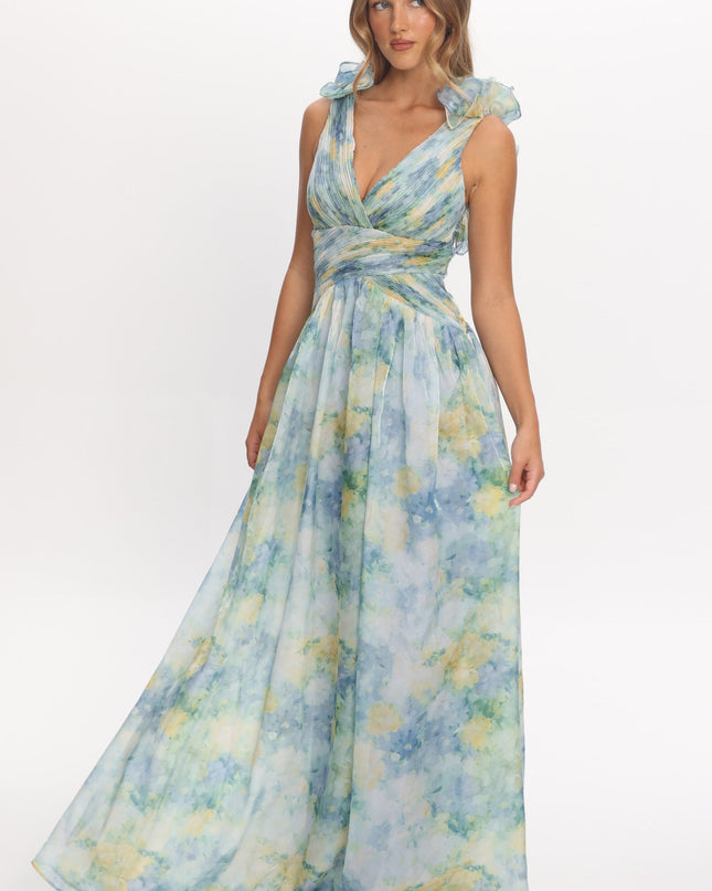 Blue Lace-Up Back Maxi Dress Print