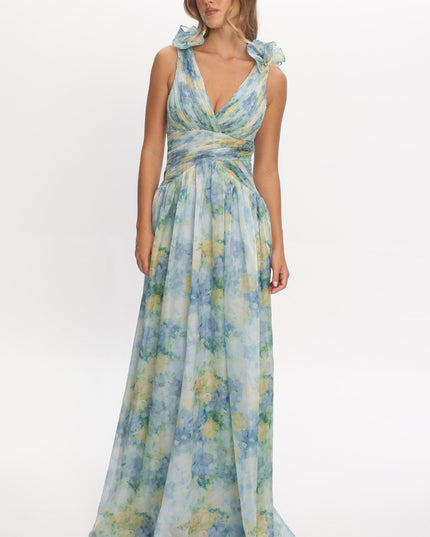 Blue Lace-Up Back Maxi Dress Print