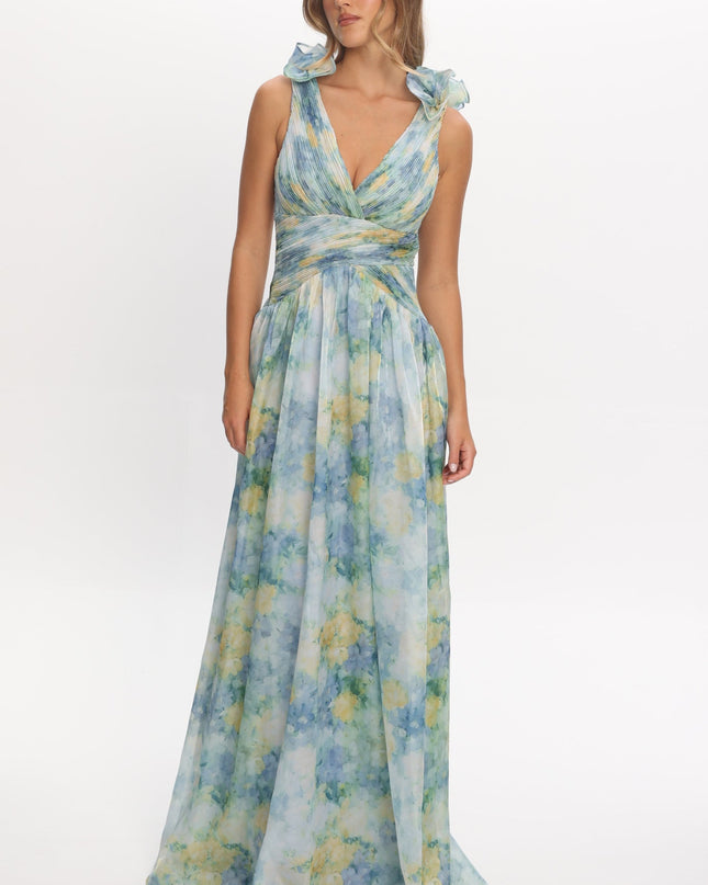 Blue Lace-Up Back Maxi Dress Print