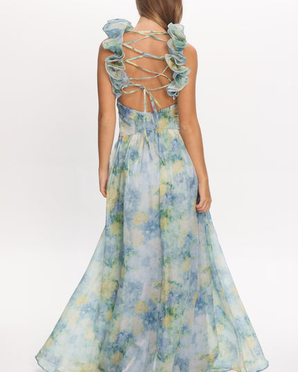 Blue Lace-Up Back Maxi Dress Print