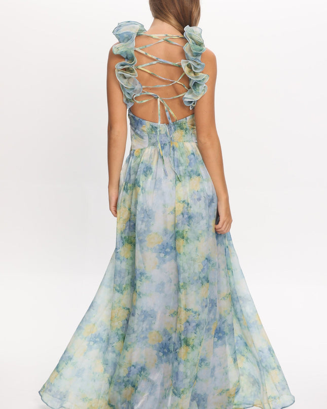 Blue Lace-Up Back Maxi Dress Print