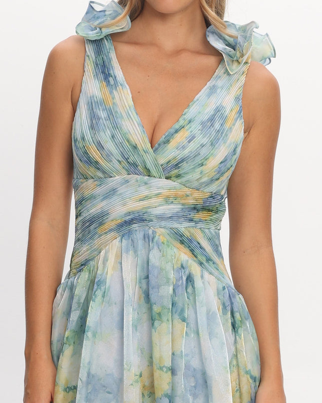 Blue Lace-Up Back Maxi Dress Print