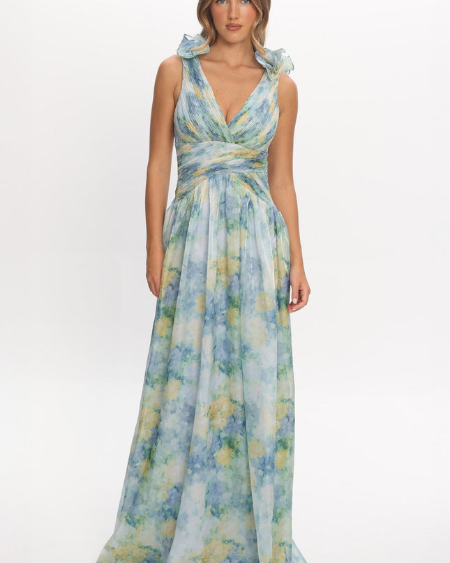 Blue Lace-Up Back Maxi Dress Print