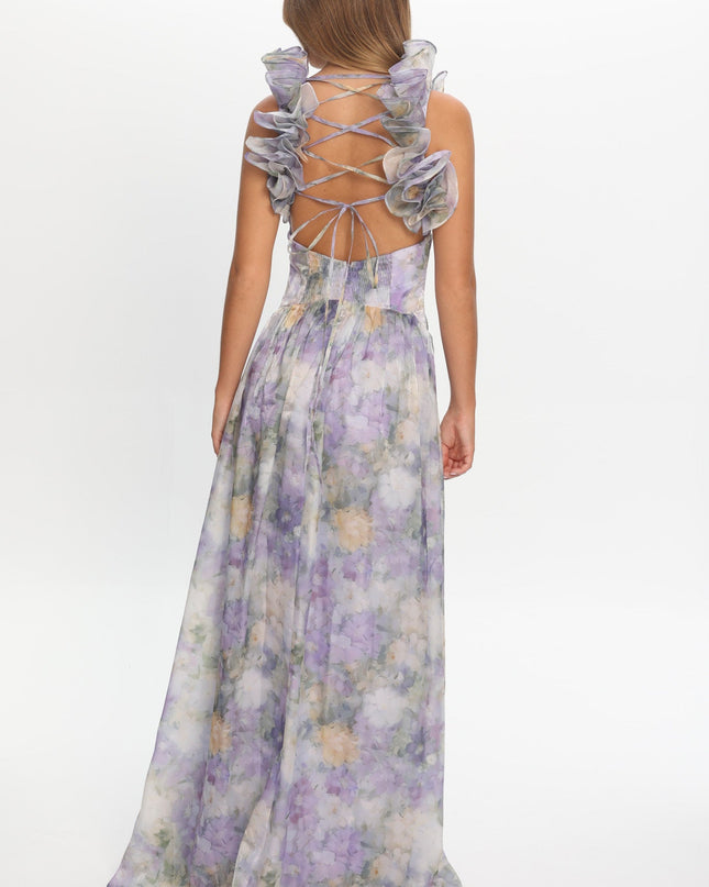 Lavender Lace-Up Back Maxi Dress Print