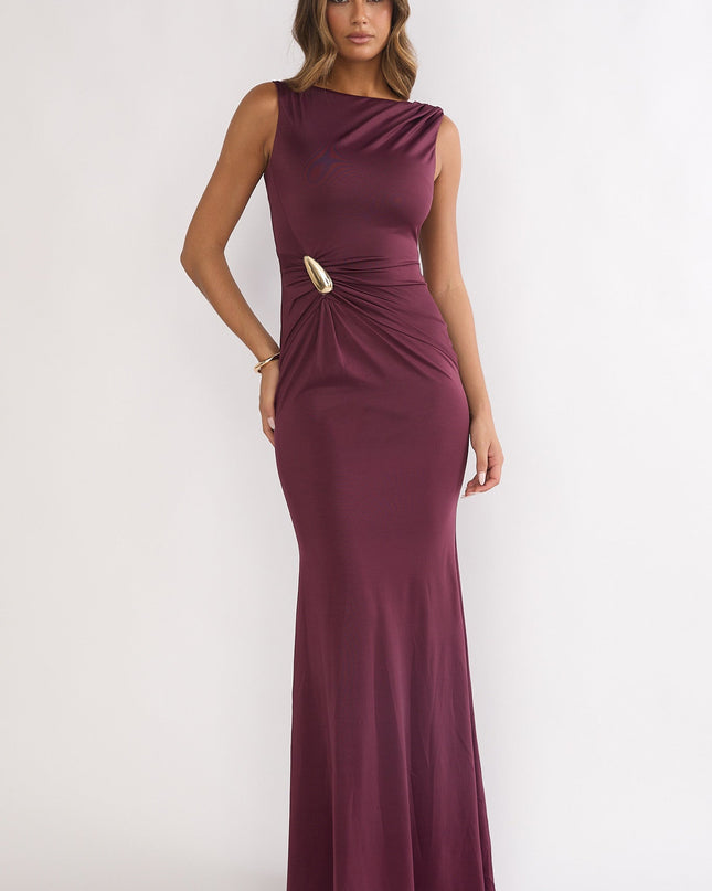 Burgundy Gathered Waist Maxi Dress