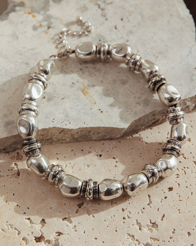 Silver Beaded Necklace Brushed