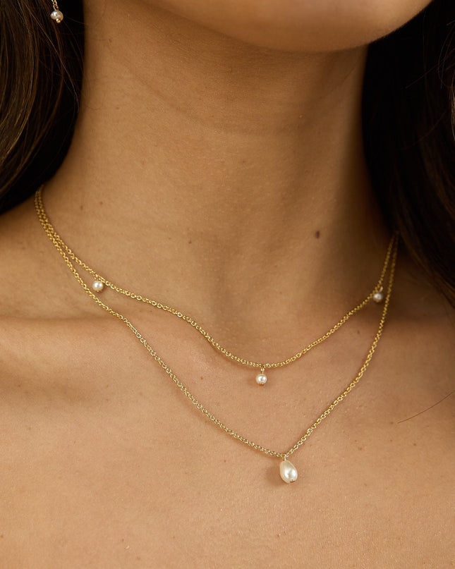 Gold/Pearl Double Strand Droplet Necklace