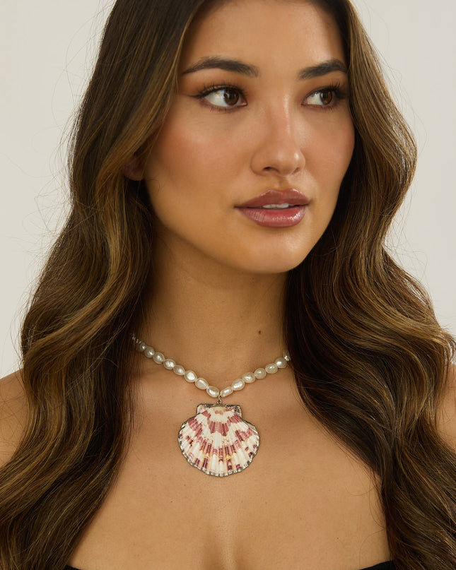 Shell Pendant Pearl Necklace Pink Shell