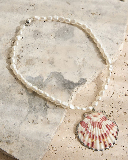 Shell Pendant Pearl Necklace Pink Shell