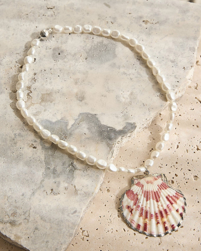 Shell Pendant Pearl Necklace Pink Shell