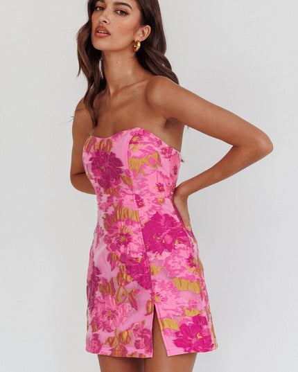 Pink Strapless Jacquard Mini Dress