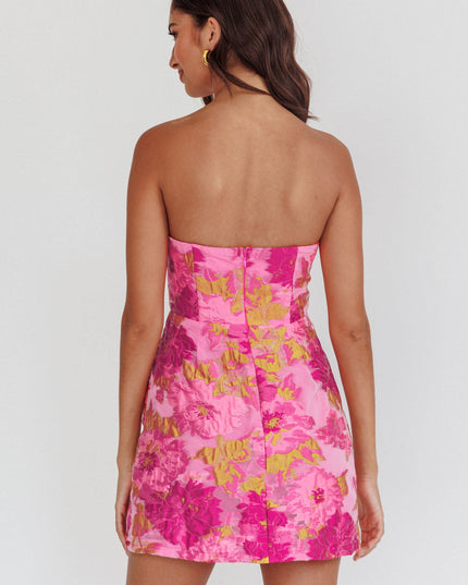 Pink Strapless Jacquard Mini Dress