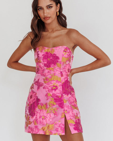 Pink Strapless Jacquard Mini Dress