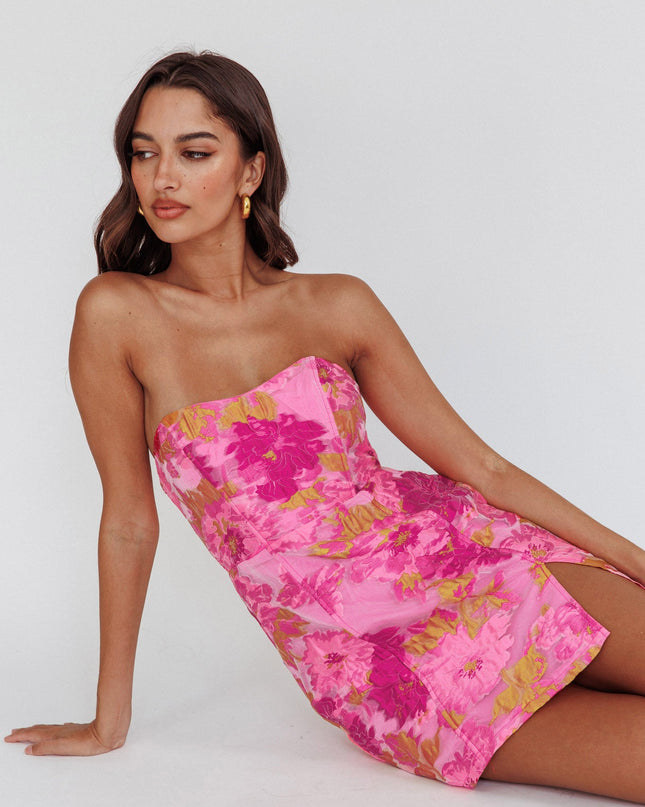 Pink Strapless Jacquard Mini Dress