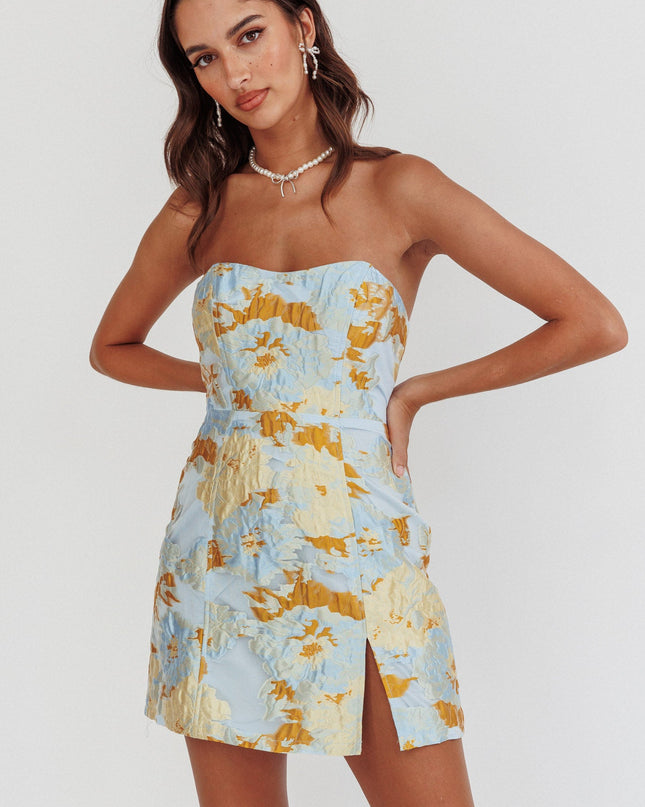 Blue Strapless Jacquard Mini Dress