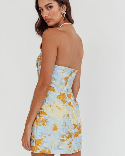 Blue Strapless Jacquard Mini Dress