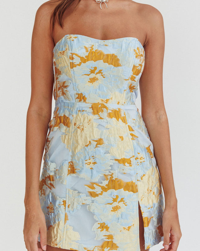 Blue Strapless Jacquard Mini Dress