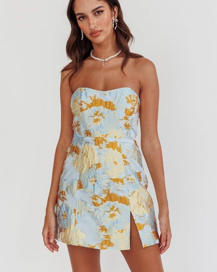 Blue Strapless Jacquard Mini Dress