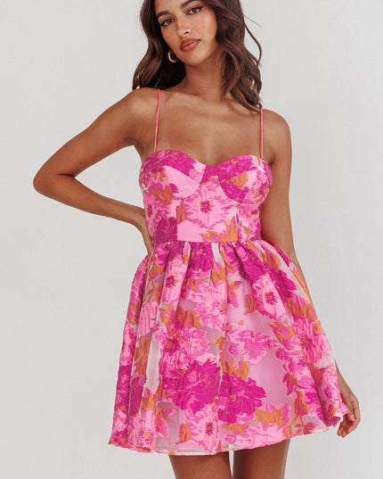 Pink Cami Strap Jacquard Mini Dress
