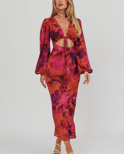 Rose Cut-Out Waist Midi Dress Dark