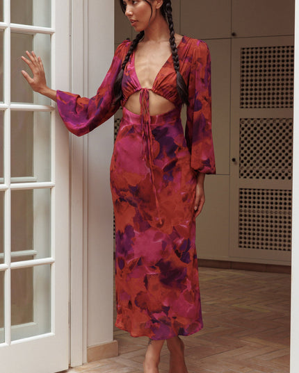 Rose Cut-Out Waist Midi Dress Dark