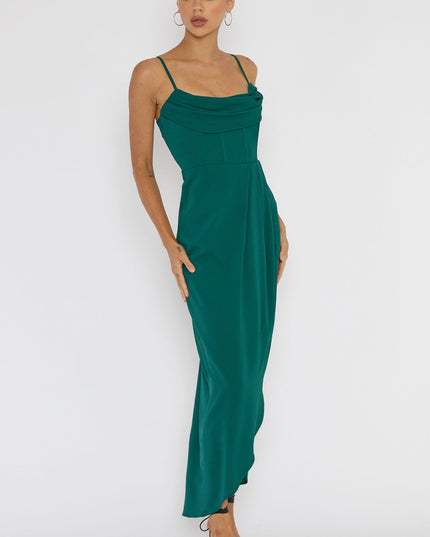 Forest Green Draped Neck Split Midi Dress