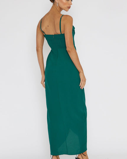 Forest Green Draped Neck Split Midi Dress
