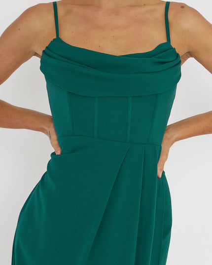 Forest Green Draped Neck Split Midi Dress