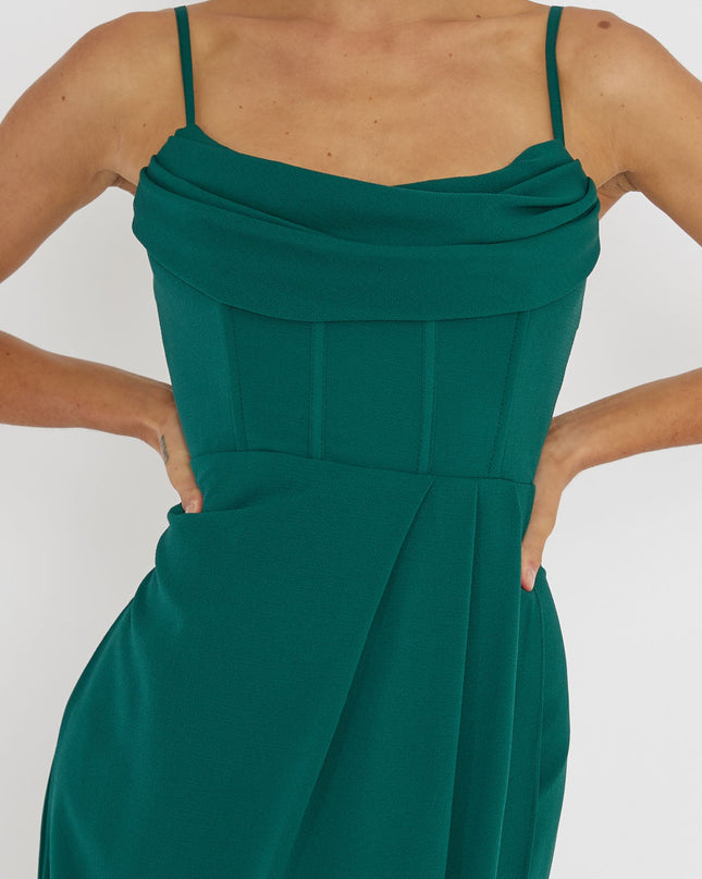 Forest Green Draped Neck Split Midi Dress