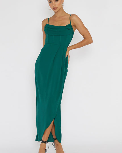 Forest Green Draped Neck Split Midi Dress