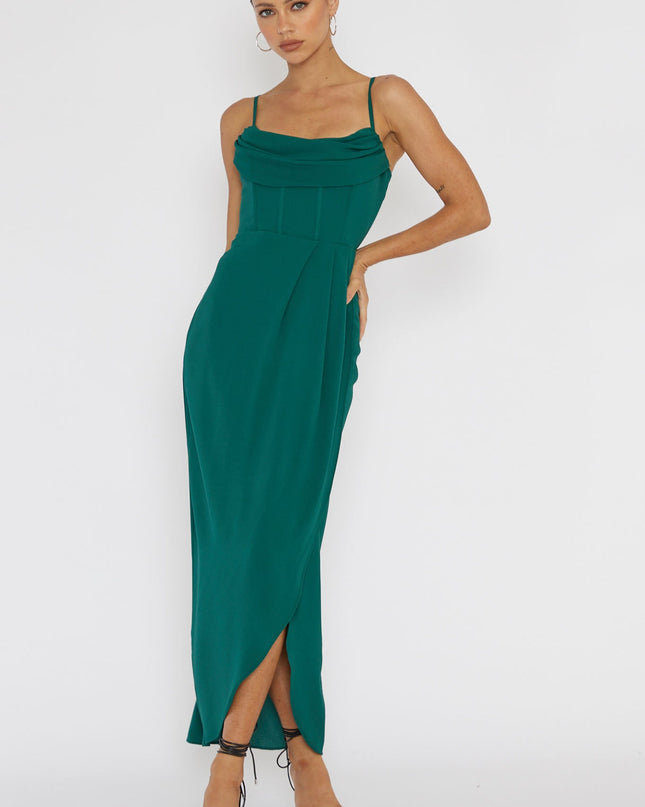 Forest Green Draped Neck Split Midi Dress
