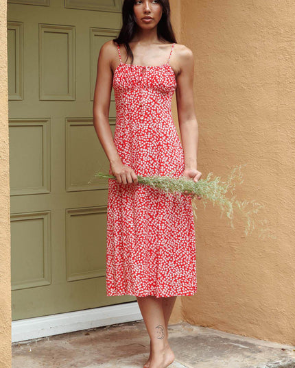Red Tied Bust Split Midi Dress Floral