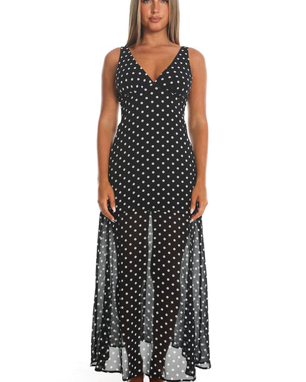 Black Rosewood V-Neckline Maxi Dress Polka Dot
