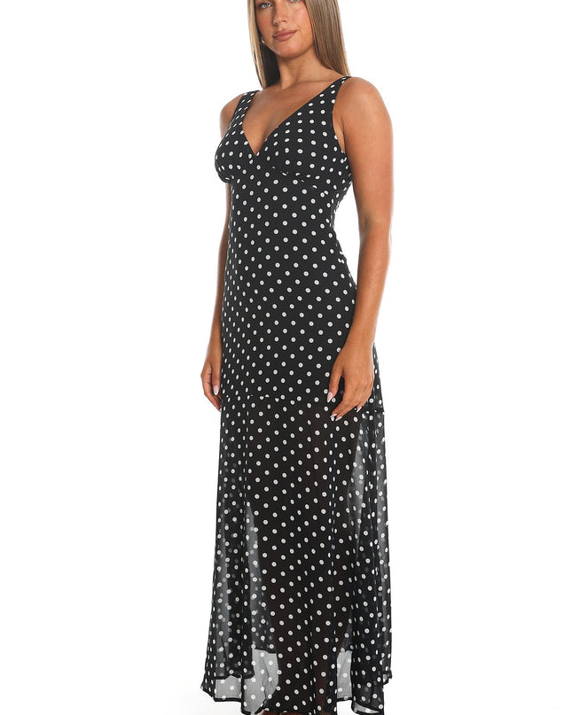 Black Rosewood V-Neckline Maxi Dress Polka Dot