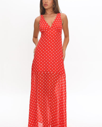 Red Rosewood V-Neckline Maxi Dress Polka Dot