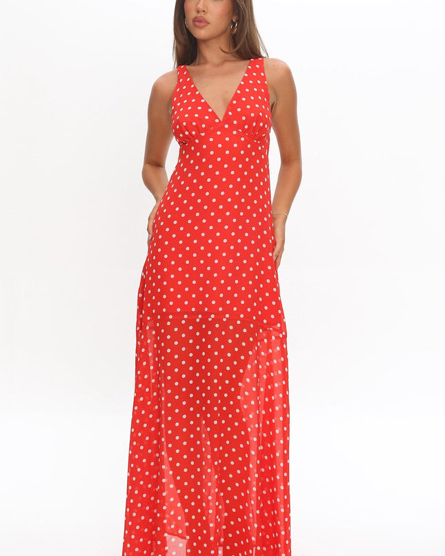 Red Rosewood V-Neckline Maxi Dress Polka Dot