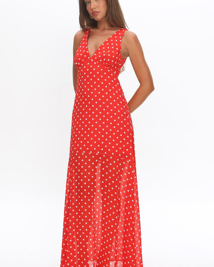 Red Rosewood V-Neckline Maxi Dress Polka Dot