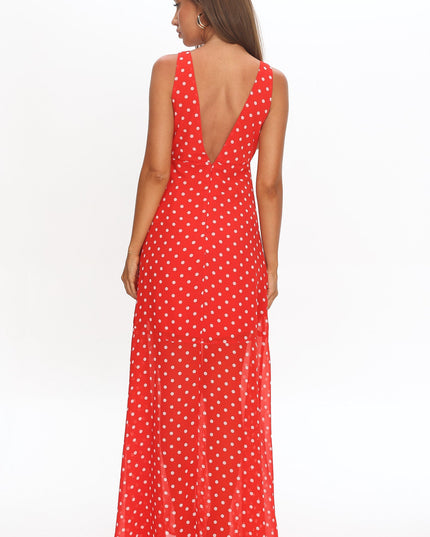 Red Rosewood V-Neckline Maxi Dress Polka Dot