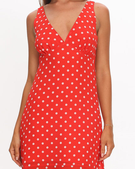 Red Rosewood V-Neckline Maxi Dress Polka Dot