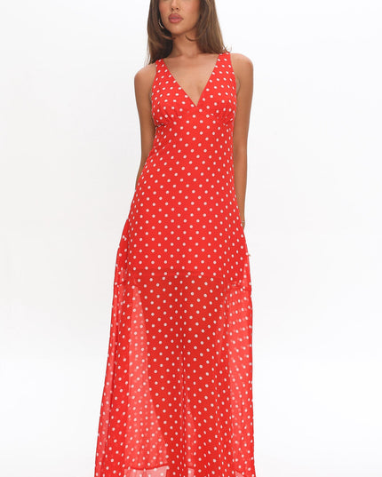 Red Rosewood V-Neckline Maxi Dress Polka Dot
